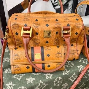 MCM Cognac Leather Satchel with Gold Accents and wallet bundle